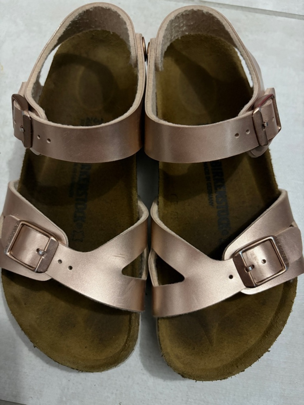 Kids Metallic Rose Gold Two-Strap Birkenstock Sandals 31 13 1